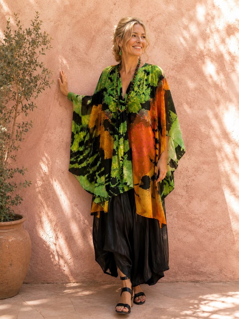 Y2K Vintage Vivienne Tam Abstract Neon Silk Bow Tie Caftan Dress Tunic Medium